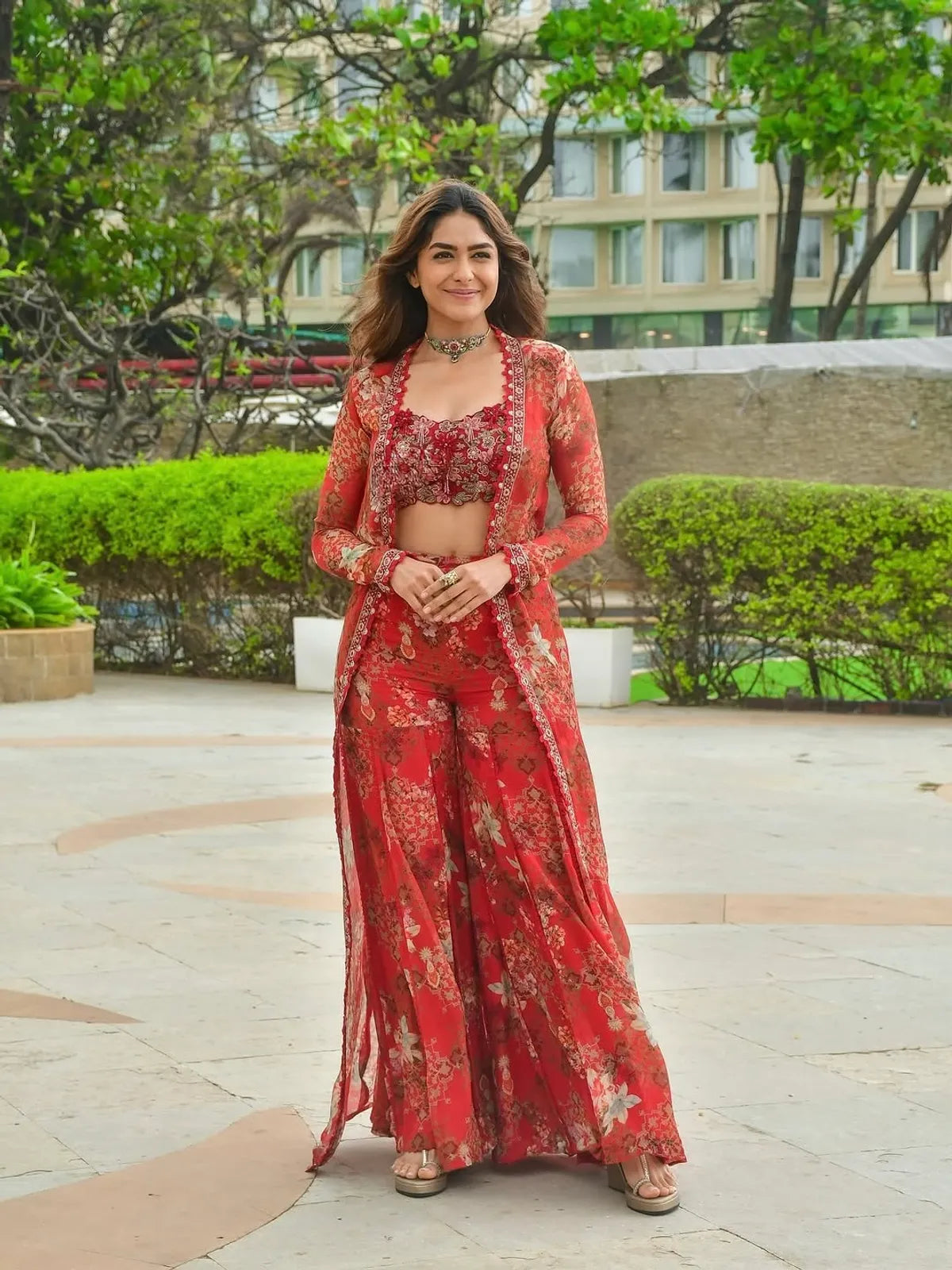 Bollywood Red Floral Indo-Western Koti Palazzo Set with Embroidered Blouse for Women