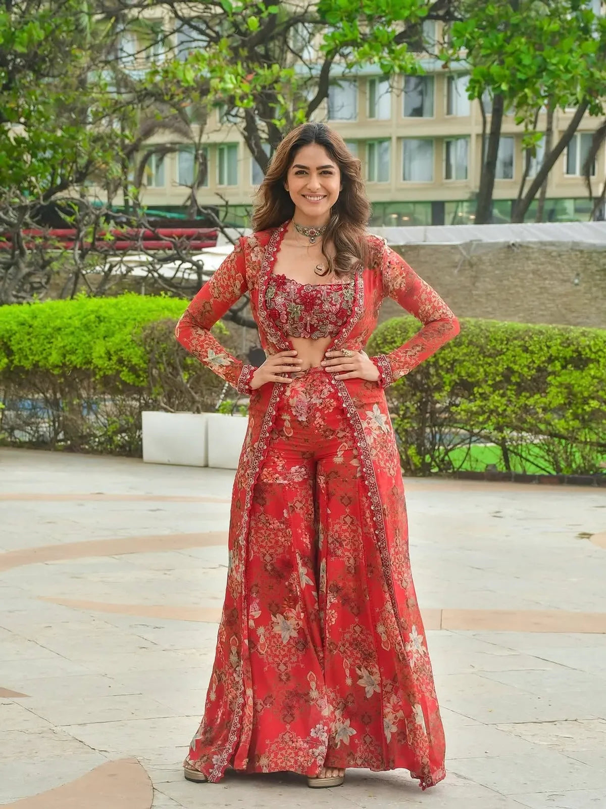 Bollywood Red Floral Indo-Western Koti Palazzo Set with Embroidered Blouse for Women