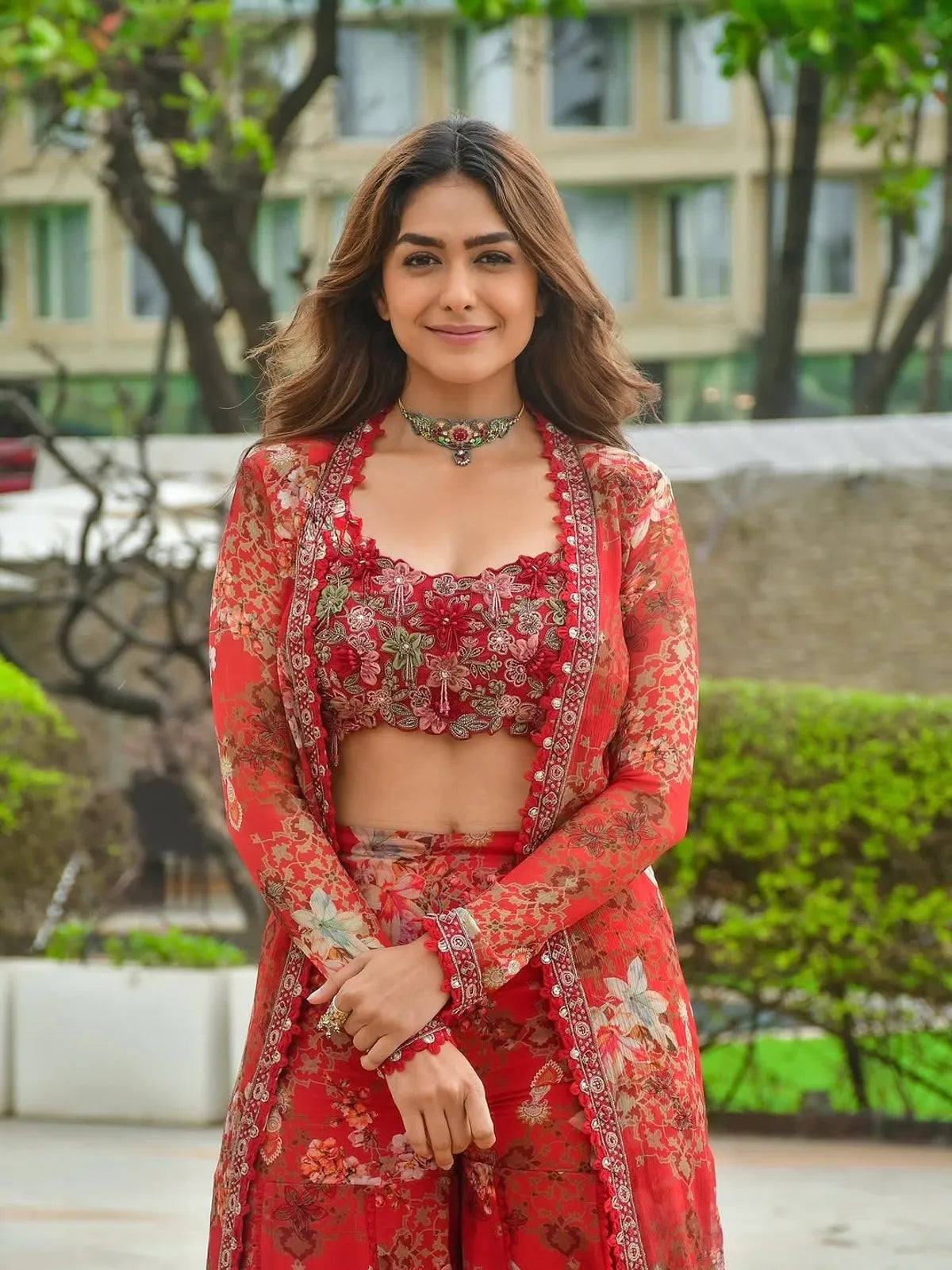 Bollywood Red Floral Indo-Western Koti Palazzo Set with Embroidered Blouse for Women