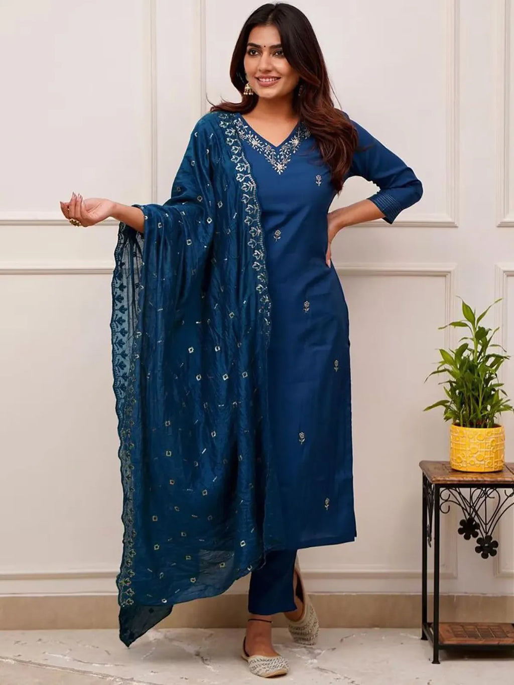Cerulean Grace Embroidered Kurta Pant Dupatta Set for Women | Royal Blue Ethnic Suit Set