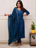 Cerulean Grace Embroidered Kurta Pant Dupatta Set for Women | Royal Blue Ethnic Suit Set
