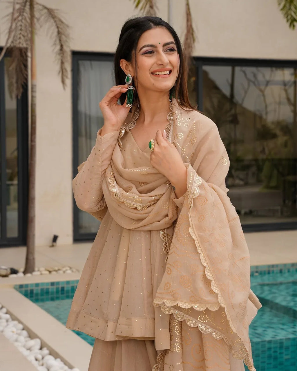 Champagne Beige Mukesh Work Peplum Palazzo Set with Dupatta