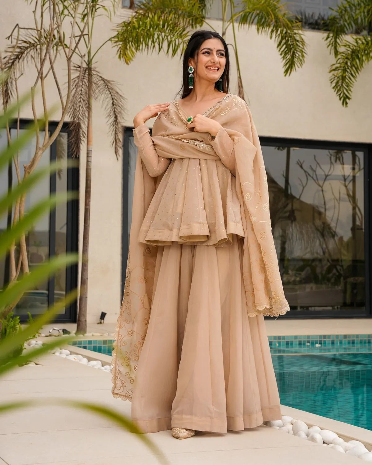 Champagne Beige Mukesh Work Peplum Palazzo Set with Dupatta