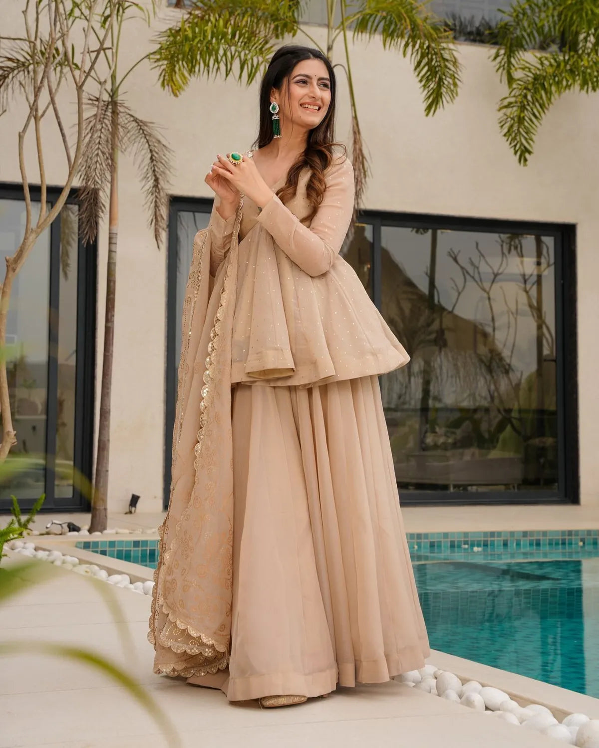Champagne Beige Mukesh Work Peplum Palazzo Set with Dupatta