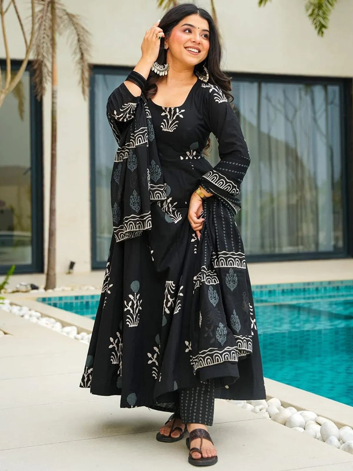Classic Black Rayon Printed Anarkali Kurta Pant Set with Printed Dupatta