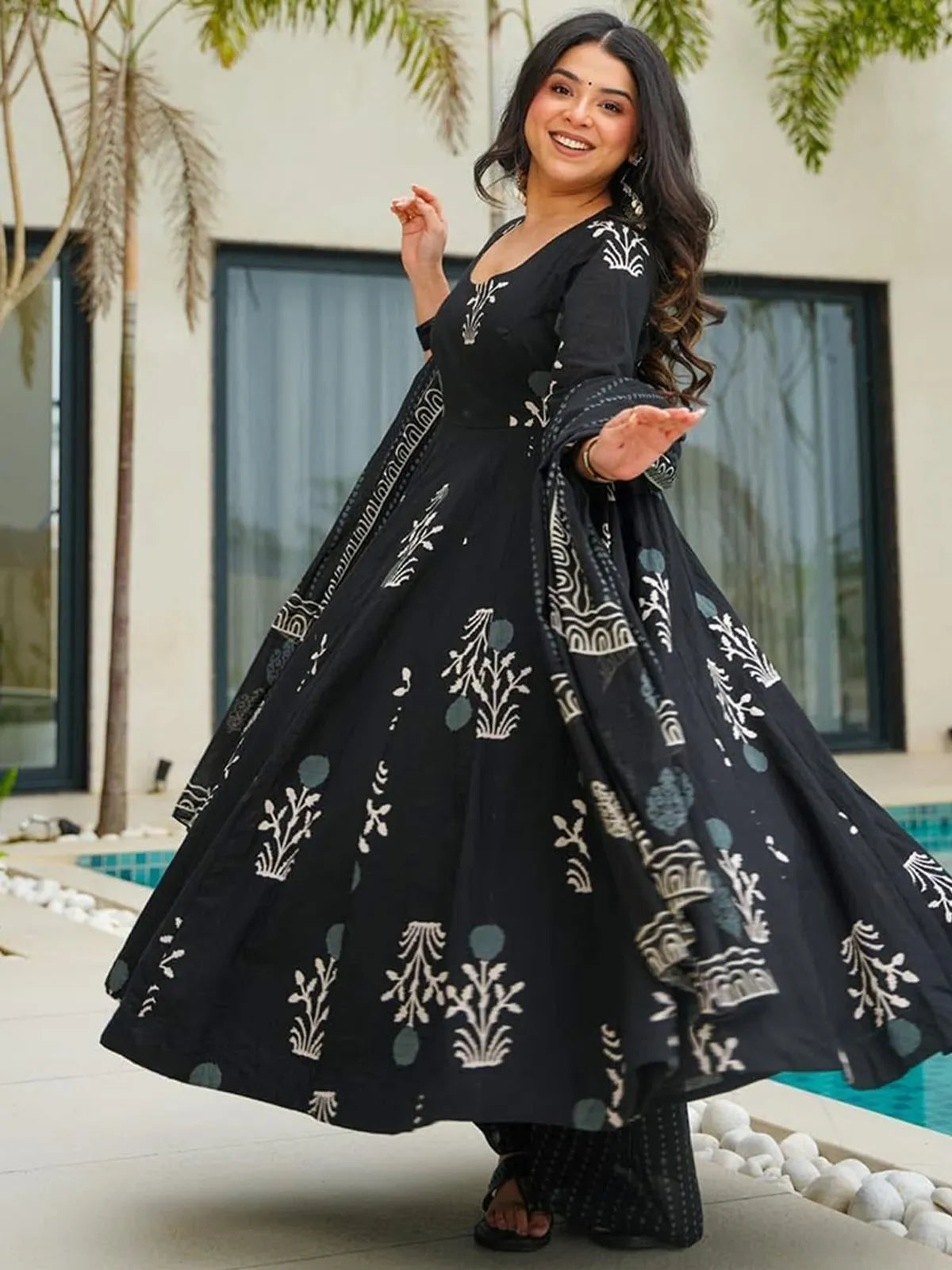 Classic Black Rayon Printed Anarkali Kurta Pant Set with Printed Dupatta