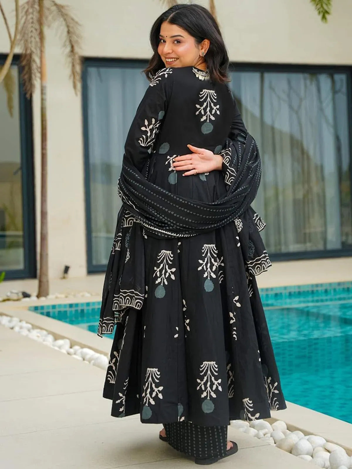Classic Black Rayon Printed Anarkali Kurta Pant Set with Printed Dupatta