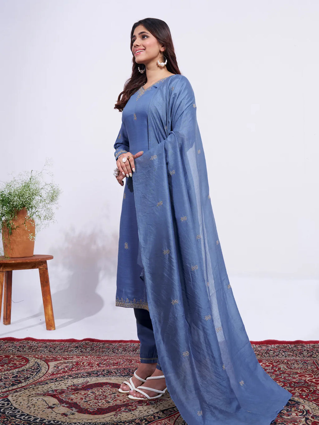 Lavender Elegance Embroidered Rayon Kurta Pant & Dupatta Set