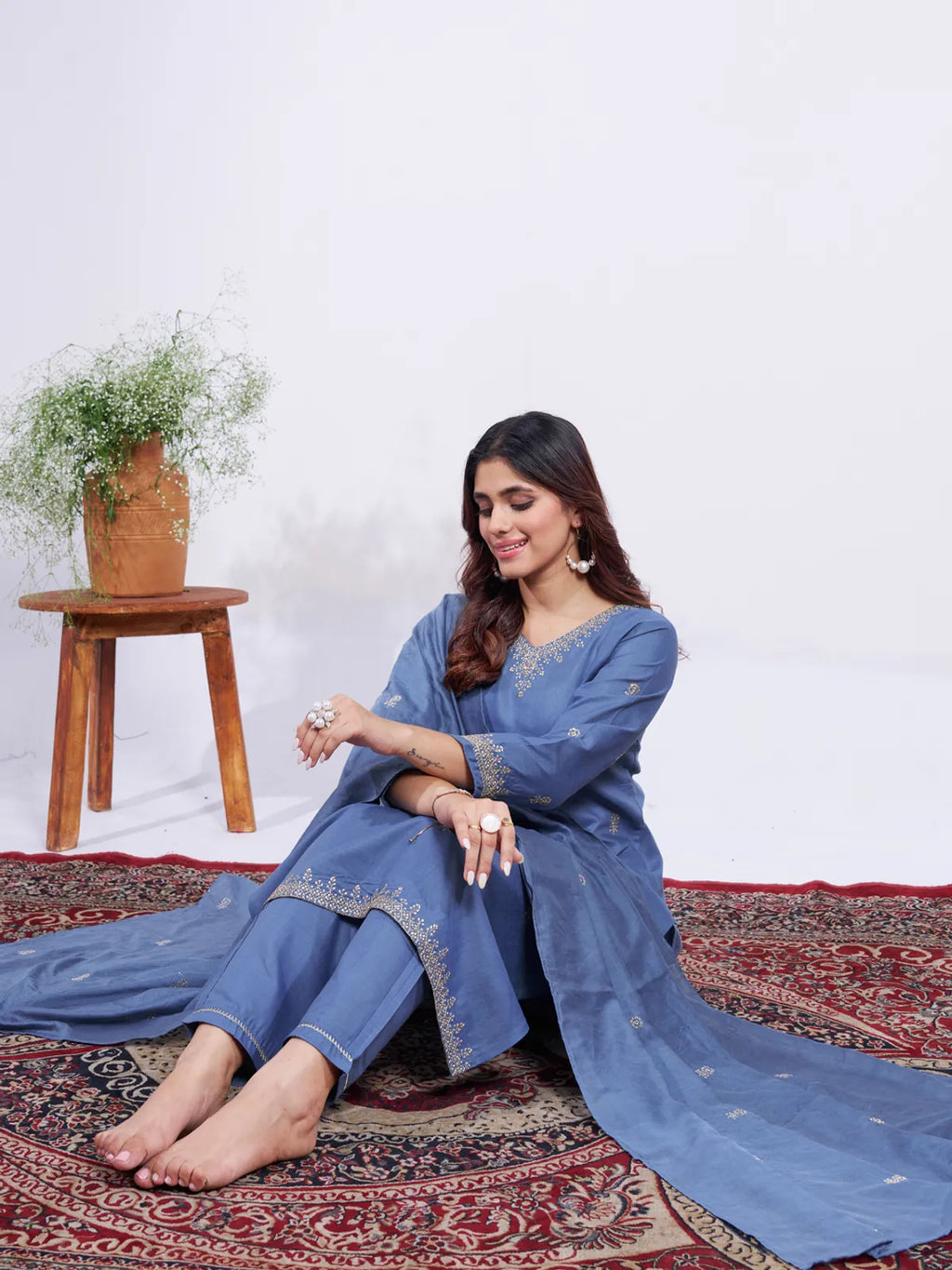 Lavender Elegance Embroidered Rayon Kurta Pant & Dupatta Set
