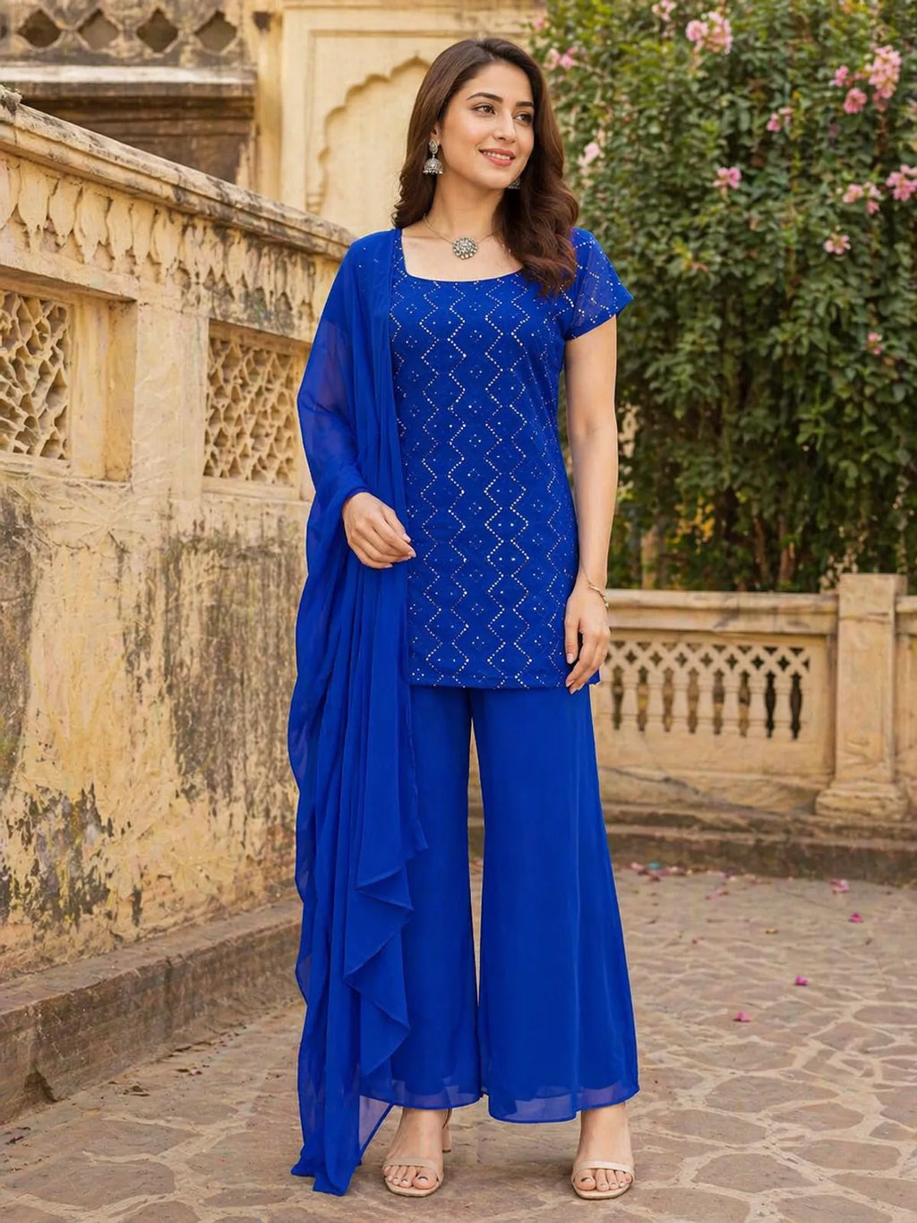 Designer Faux Georgette Boot Cut Suit Set with Dupatta