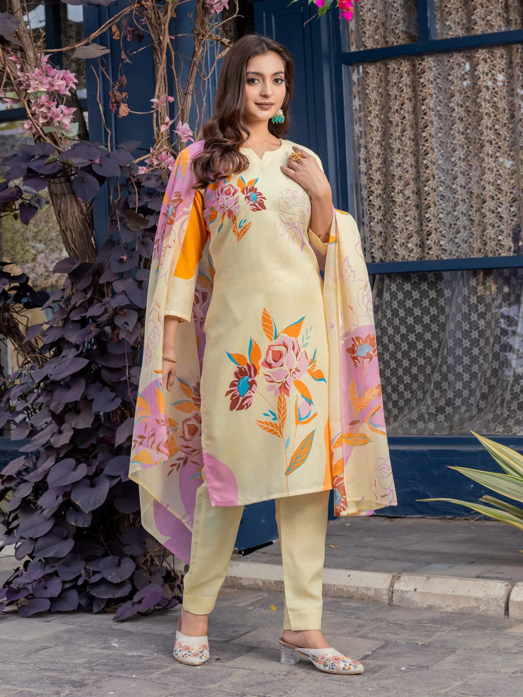 Women's Cream Floral Printed Cotton Blend Kurti Pant & Dupatta Set | Elegant 3 Piece Ethnic Suit