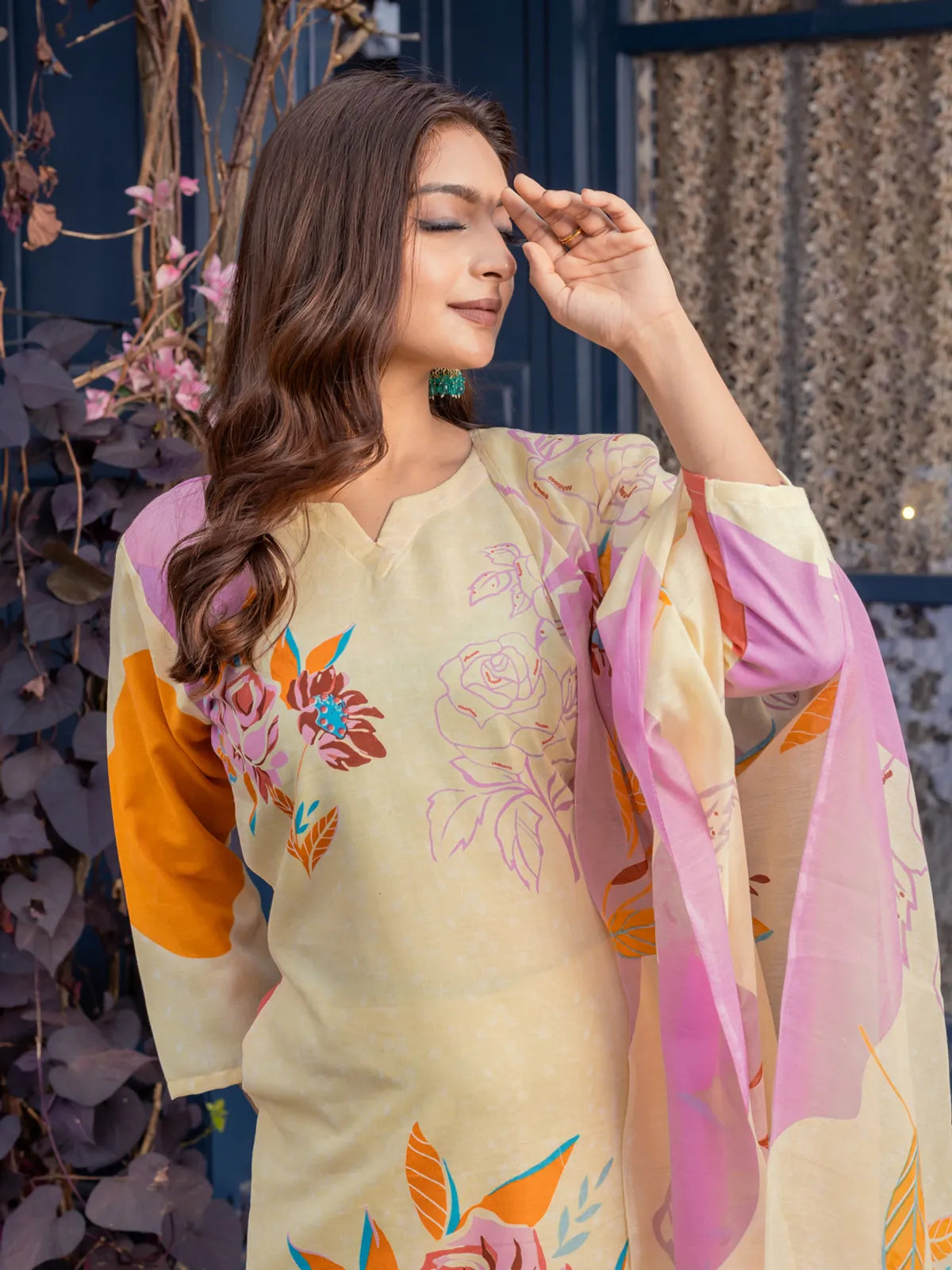 Women's Cream Floral Printed Cotton Blend Kurti Pant & Dupatta Set | Elegant 3 Piece Ethnic Suit