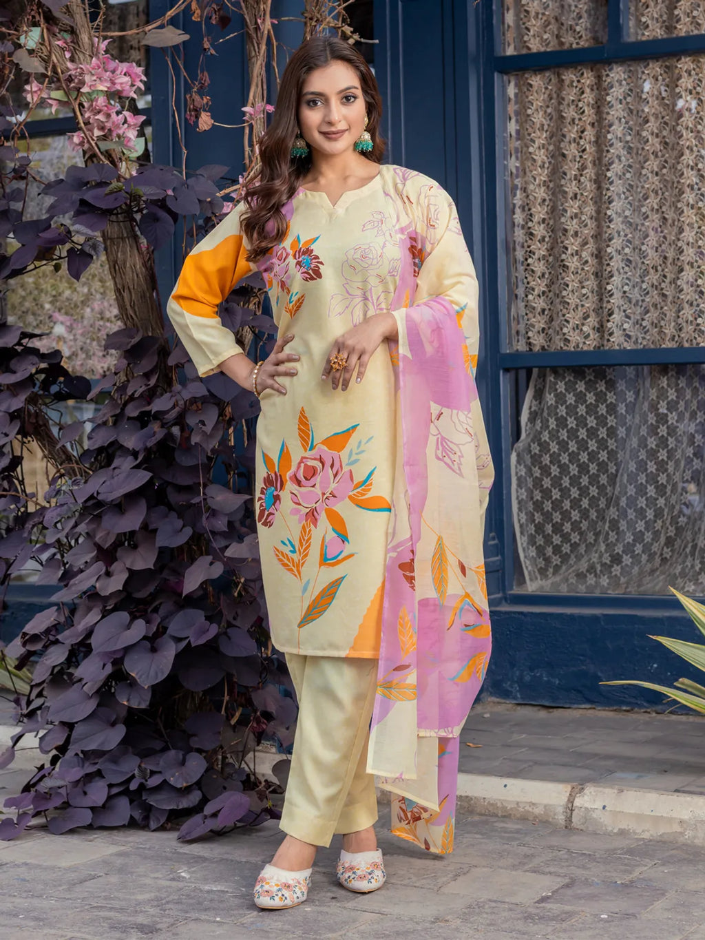 Women's Cream Floral Printed Cotton Blend Kurti Pant & Dupatta Set | Elegant 3 Piece Ethnic Suit