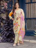 Women's Cream Floral Printed Cotton Blend Kurti Pant & Dupatta Set | Elegant 3 Piece Ethnic Suit