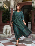 Women's Emerald Green Rayon Printed Kurti Pant & Dupatta Set | Elegant 3 Piece Ethnic Suit
