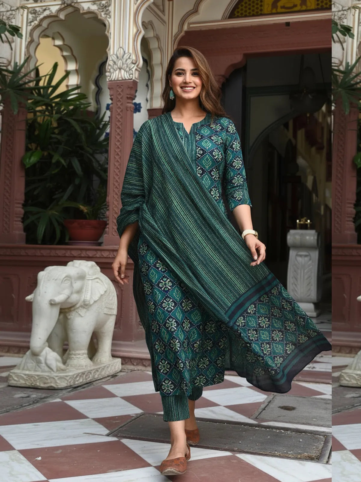 Women's Emerald Green Rayon Printed Kurti Pant & Dupatta Set | Elegant 3 Piece Ethnic Suit