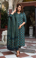 Women's Emerald Green Rayon Printed Kurti Pant & Dupatta Set | Elegant 3 Piece Ethnic Suit