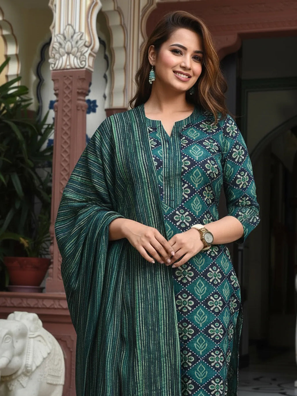 Women's Emerald Green Rayon Printed Kurti Pant & Dupatta Set | Elegant 3 Piece Ethnic Suit