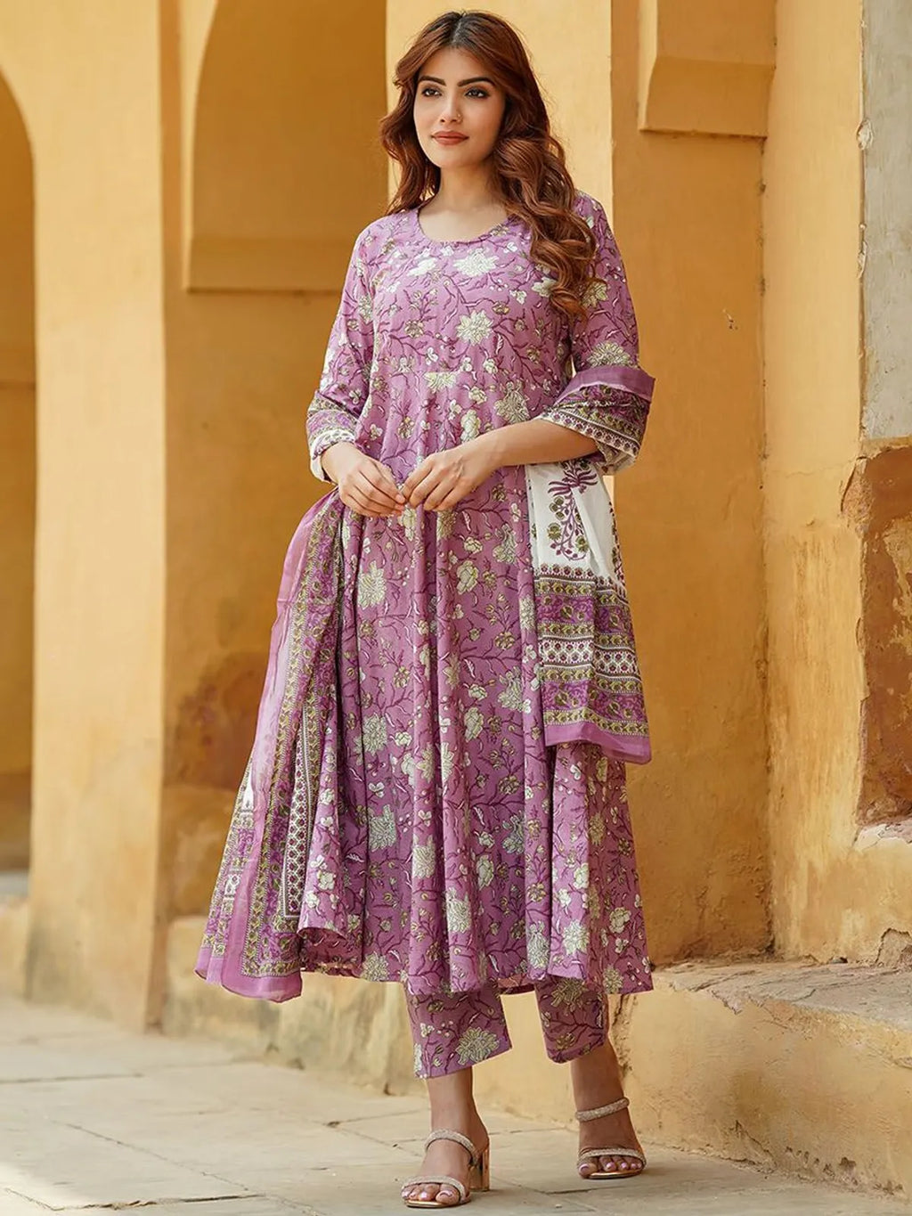 Elegant Lavender Floral Printed Rayon Kurta Pant & Dupatta Set