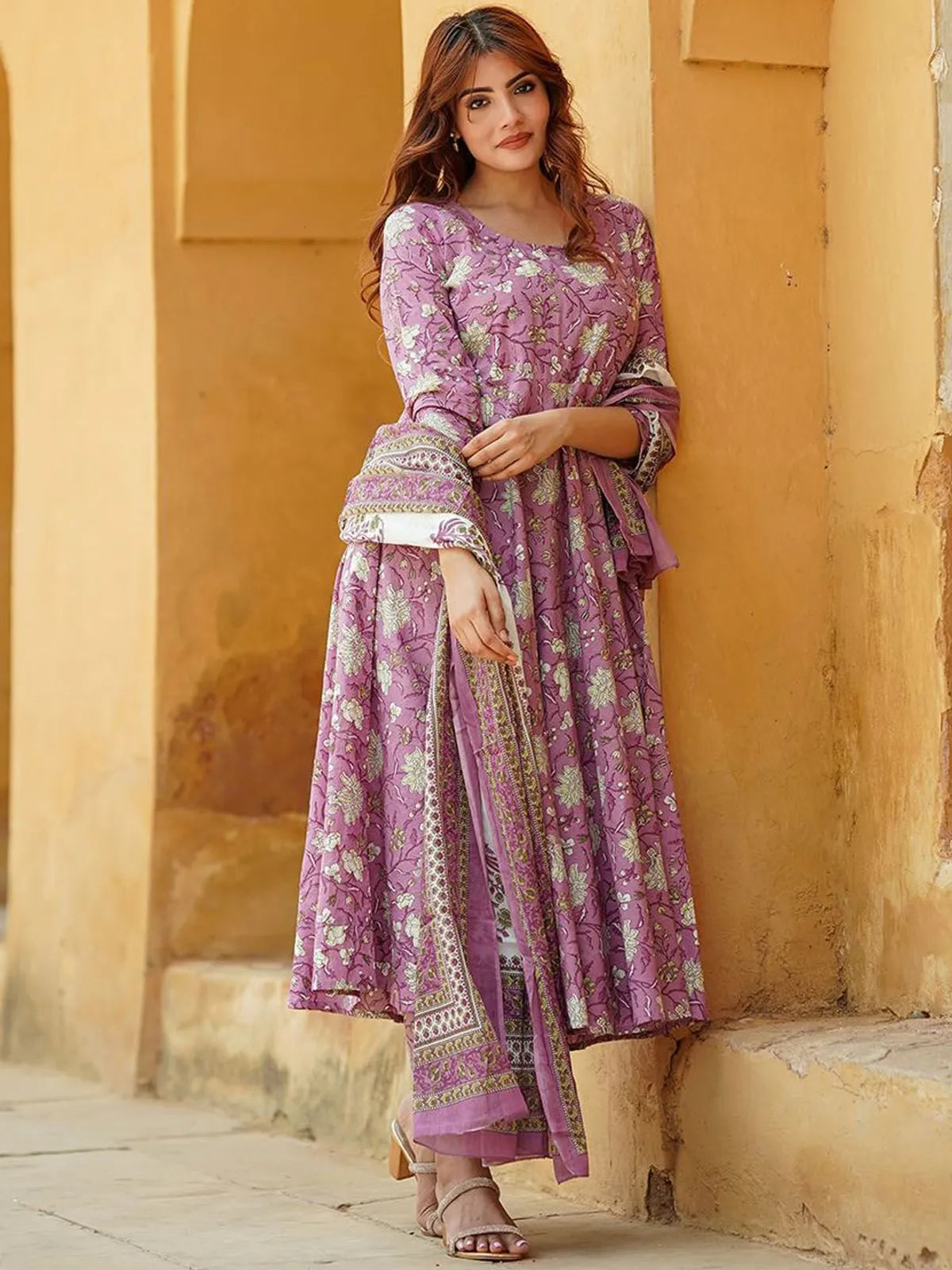 Elegant Lavender Floral Printed Rayon Kurta Pant & Dupatta Set