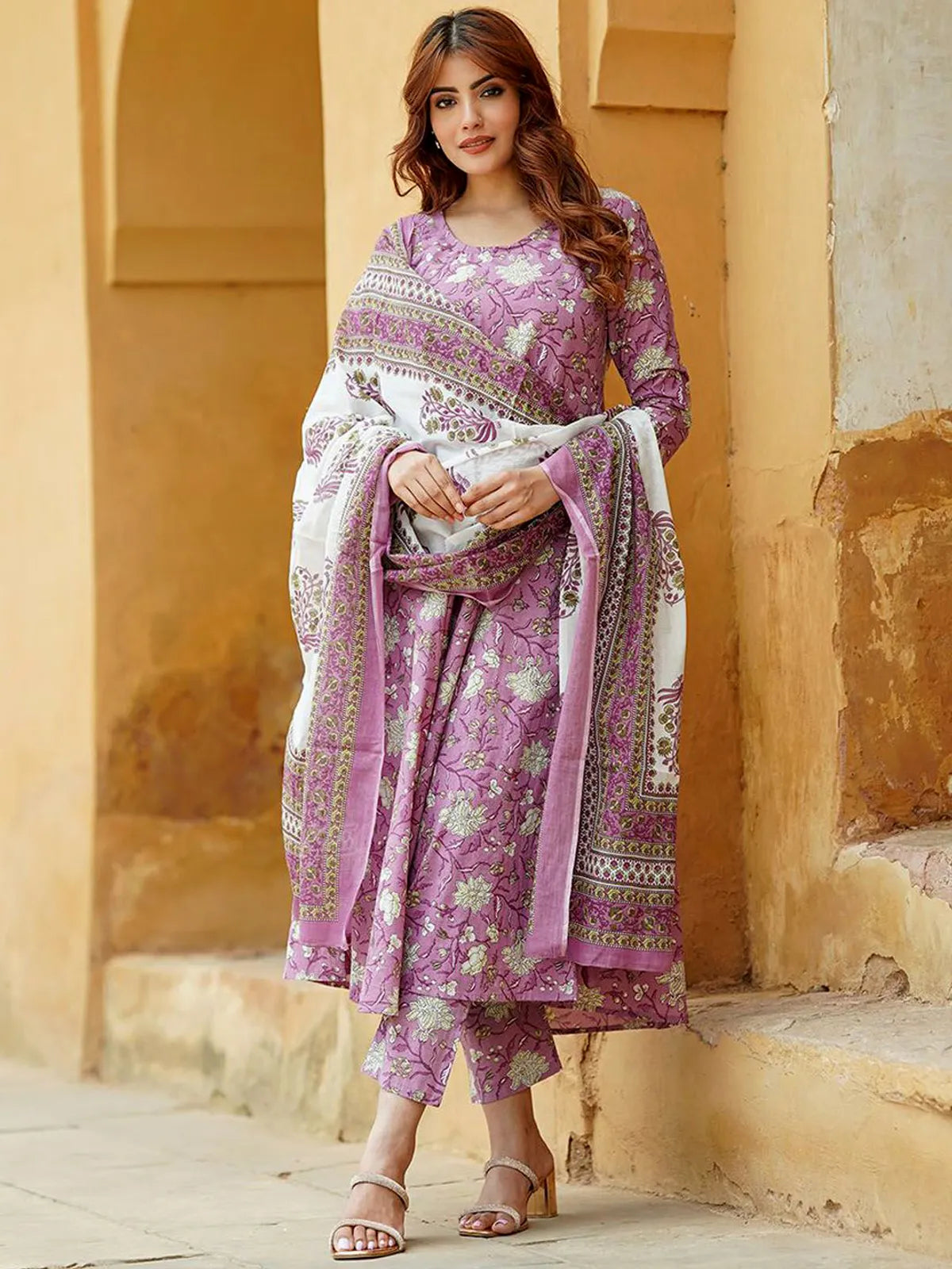 Elegant Lavender Floral Printed Rayon Kurta Pant & Dupatta Set