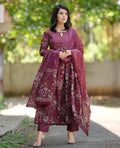 Women's Maroon Rayon Printed Kurti Pant & Dupatta Set | Elegant Ethnic 3 Piece Suit Set