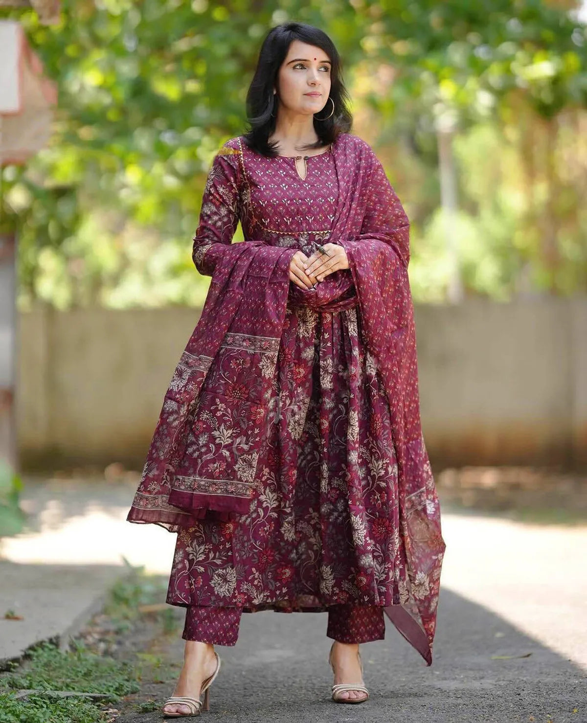 Women's Maroon Rayon Printed Kurti Pant & Dupatta Set | Elegant Ethnic 3 Piece Suit Set