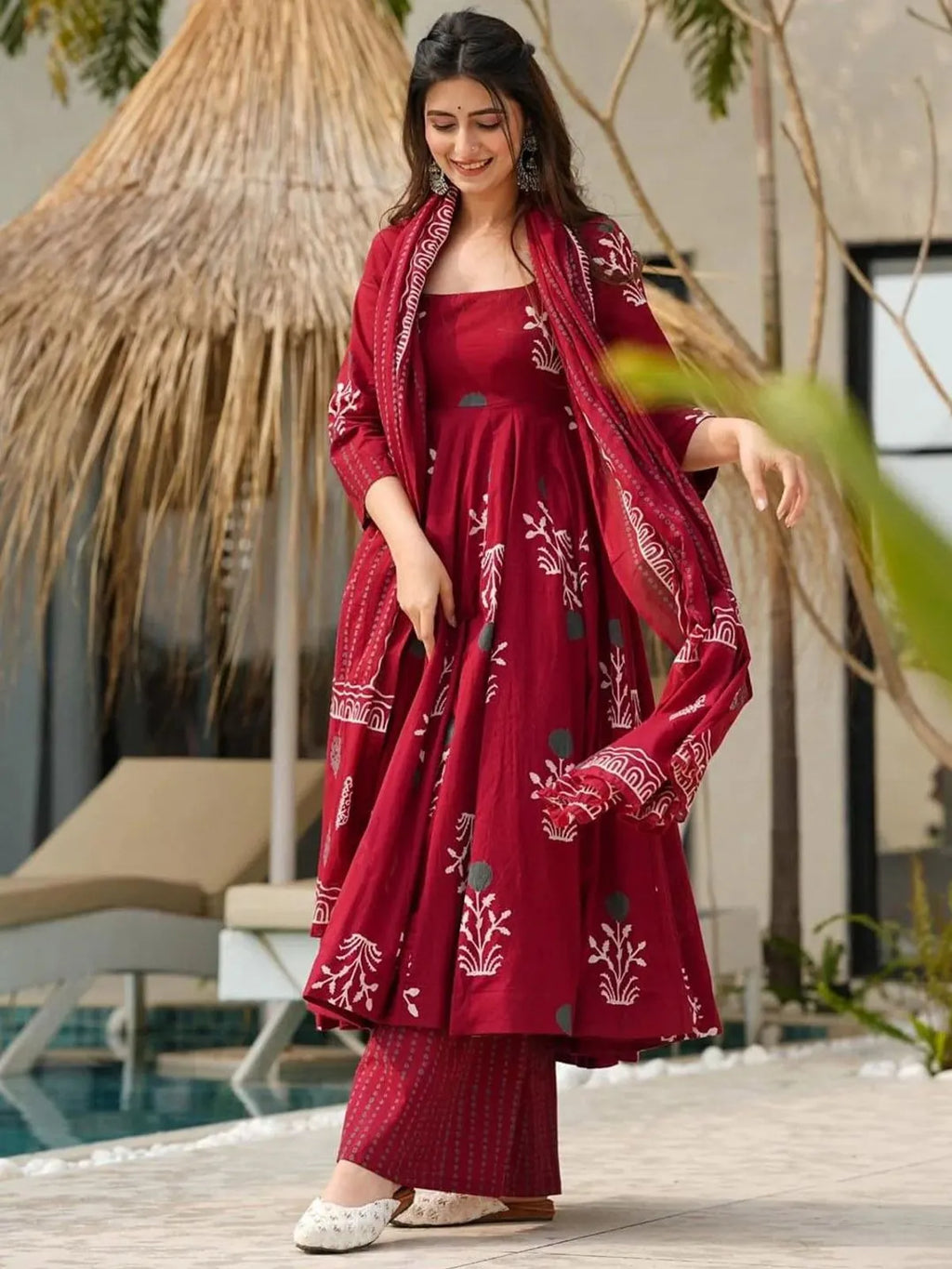 Classic Black Rayon Printed Anarkali Kurta Pant Set with Printed Dupatta