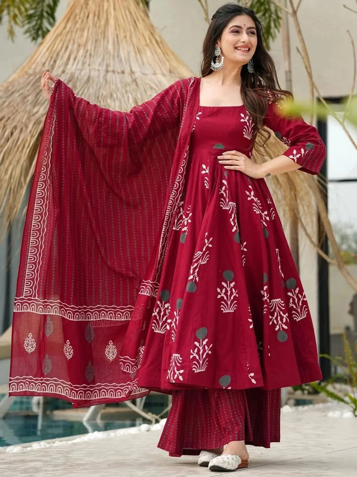 Classic Black Rayon Printed Anarkali Kurta Pant Set with Printed Dupatta