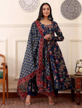 Women's Navy Blue Floral Printed Rayon Kurti Pant & Dupatta Set | Ethnic 3 Piece Suit Set