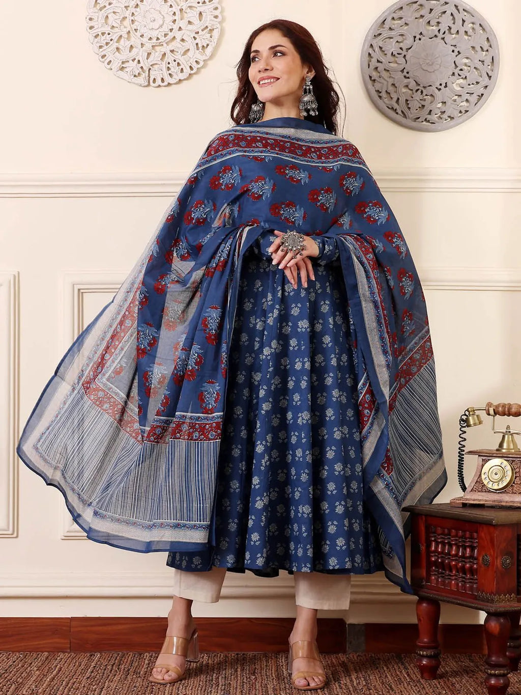 Elegant Morpich Rayon Printed Kurta Pant Dupatta Set for Women | Ethnic Blue Suit Set