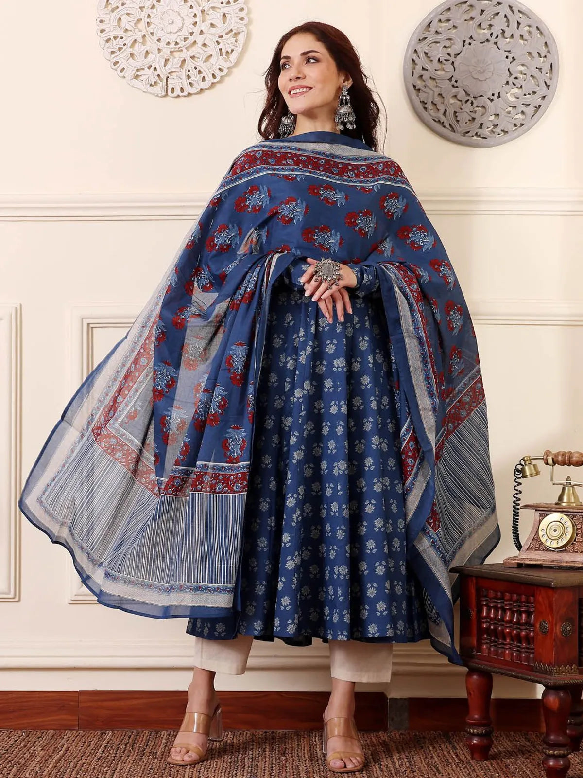 Elegant Morpich Rayon Printed Kurta Pant Dupatta Set for Women | Ethnic Blue Suit Set