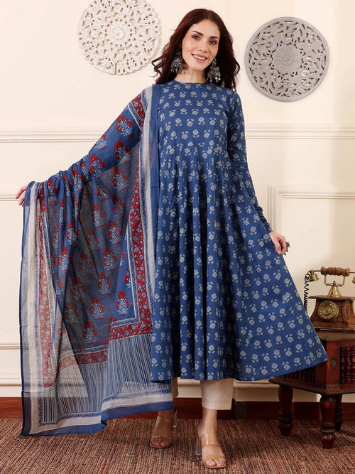 Elegant Morpich Rayon Printed Kurta Pant Dupatta Set for Women | Ethnic Blue Suit Set
