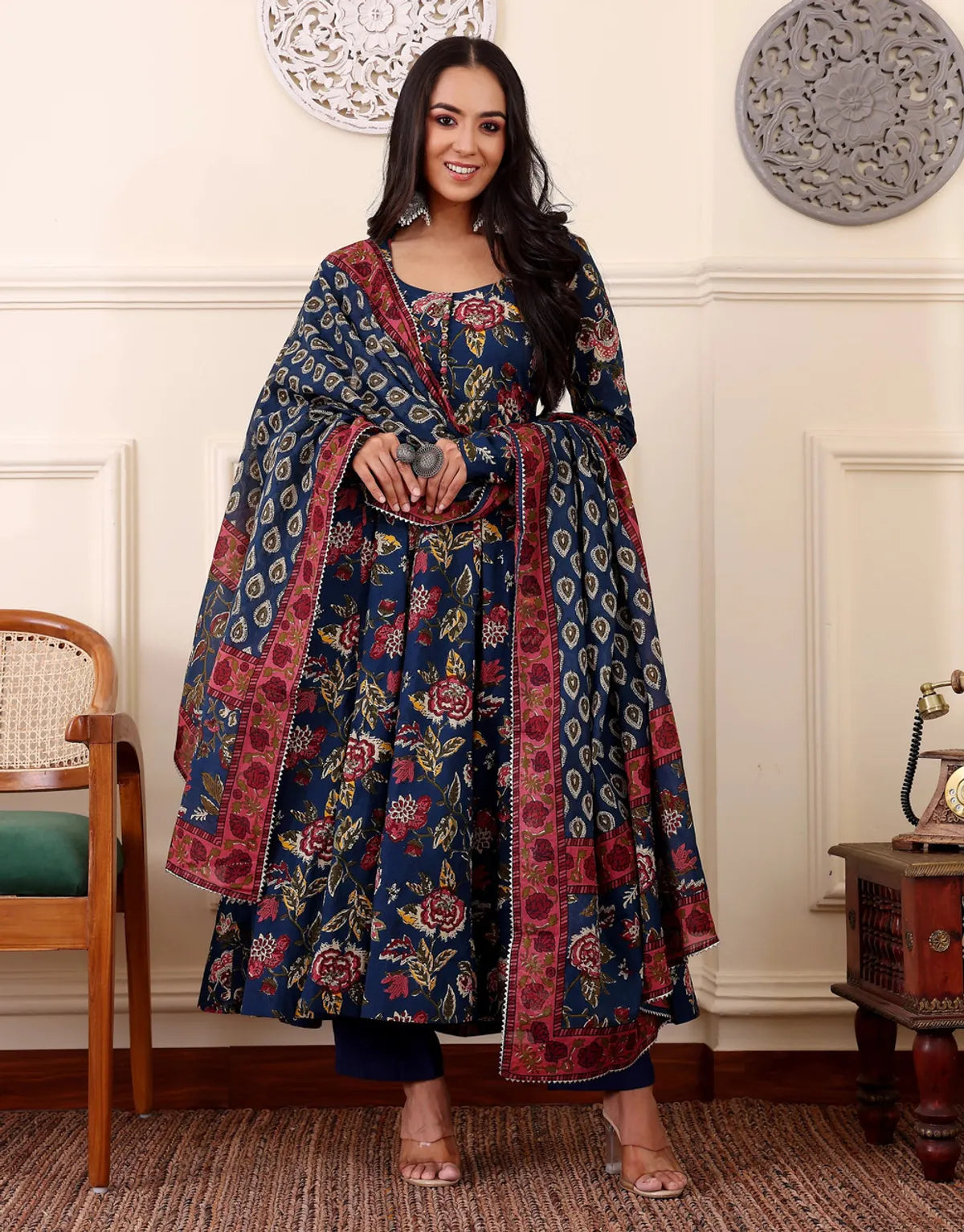Women's Navy Blue Floral Printed Rayon Kurti Pant & Dupatta Set | Ethnic 3 Piece Suit Set