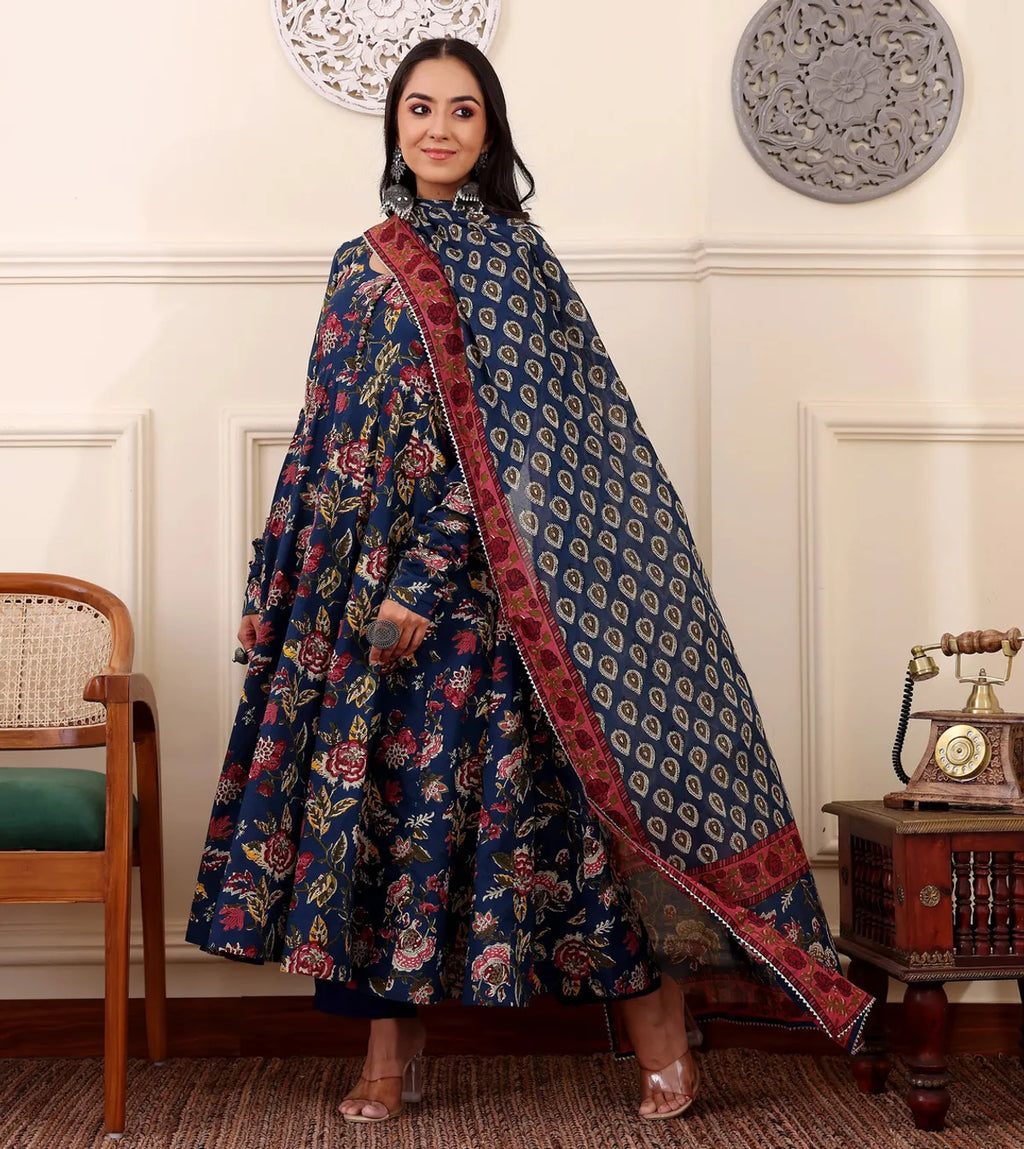 Women's Navy Blue Floral Printed Rayon Kurti Pant & Dupatta Set | Ethnic 3 Piece Suit Set