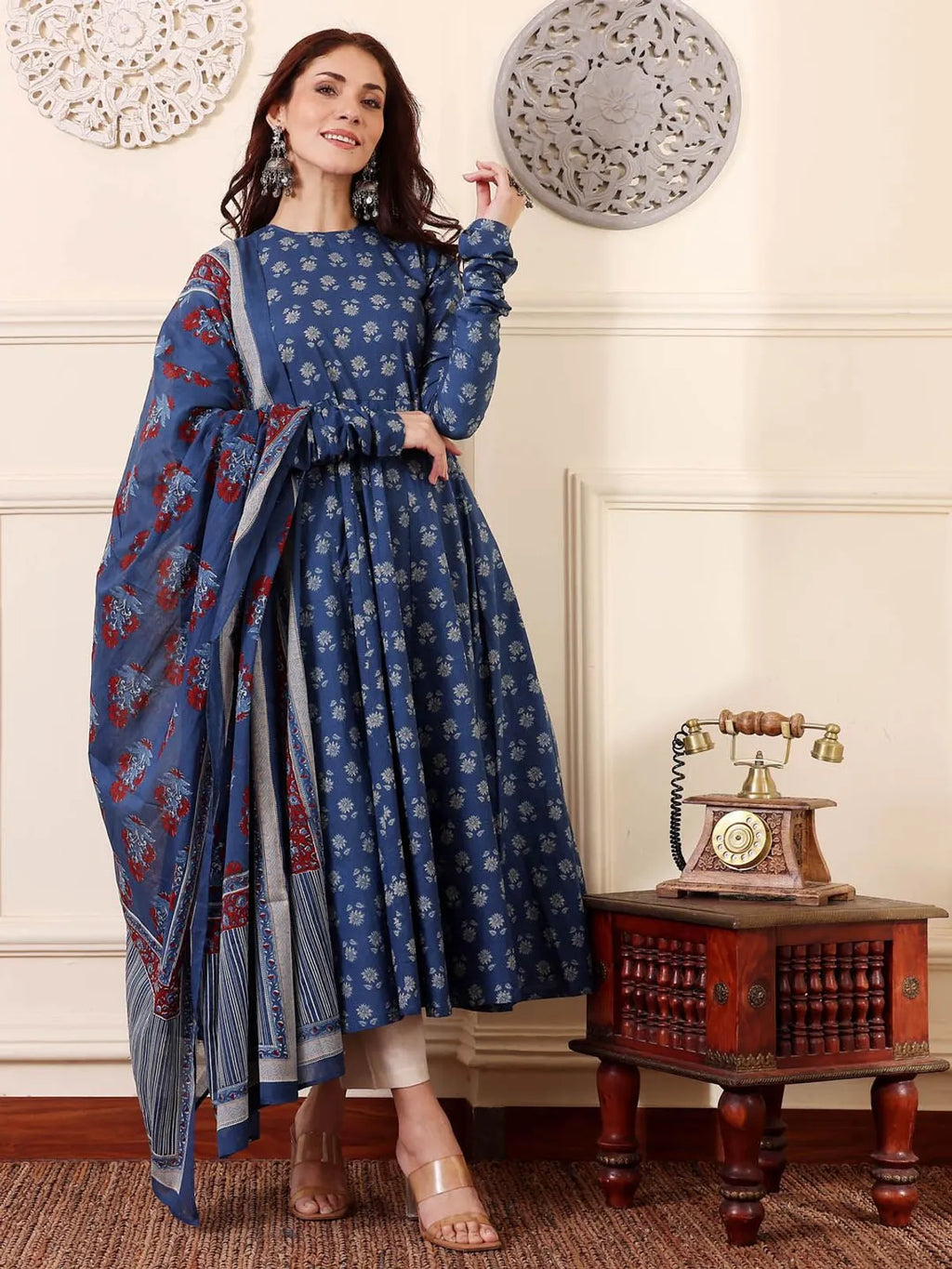 Elegant Morpich Rayon Printed Kurta Pant Dupatta Set for Women | Ethnic Blue Suit Set