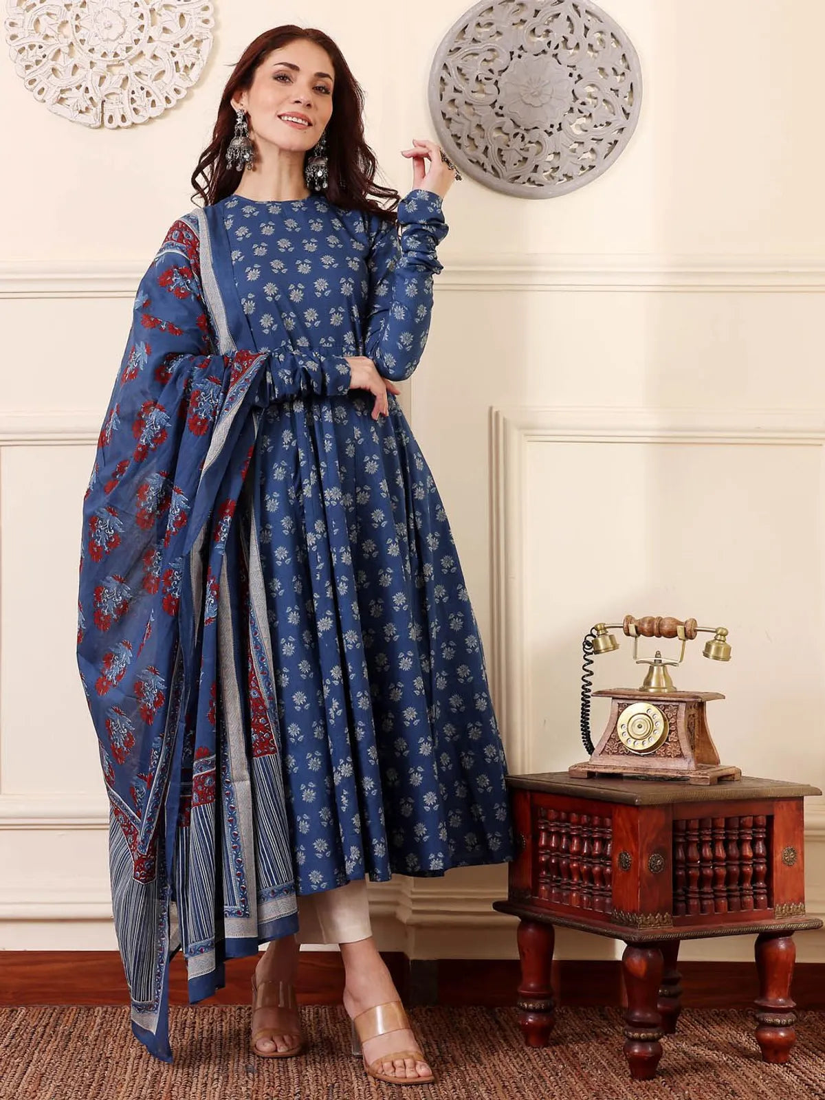 Elegant Morpich Rayon Printed Kurta Pant Dupatta Set for Women | Ethnic Blue Suit Set