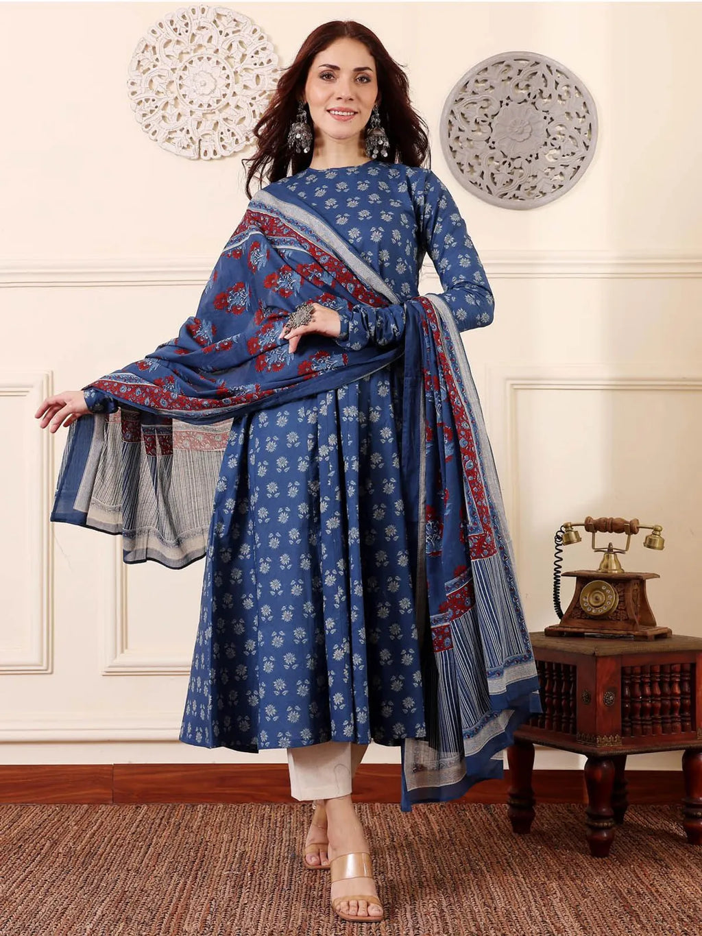 Elegant Morpich Rayon Printed Kurta Pant Dupatta Set for Women | Ethnic Blue Suit Set