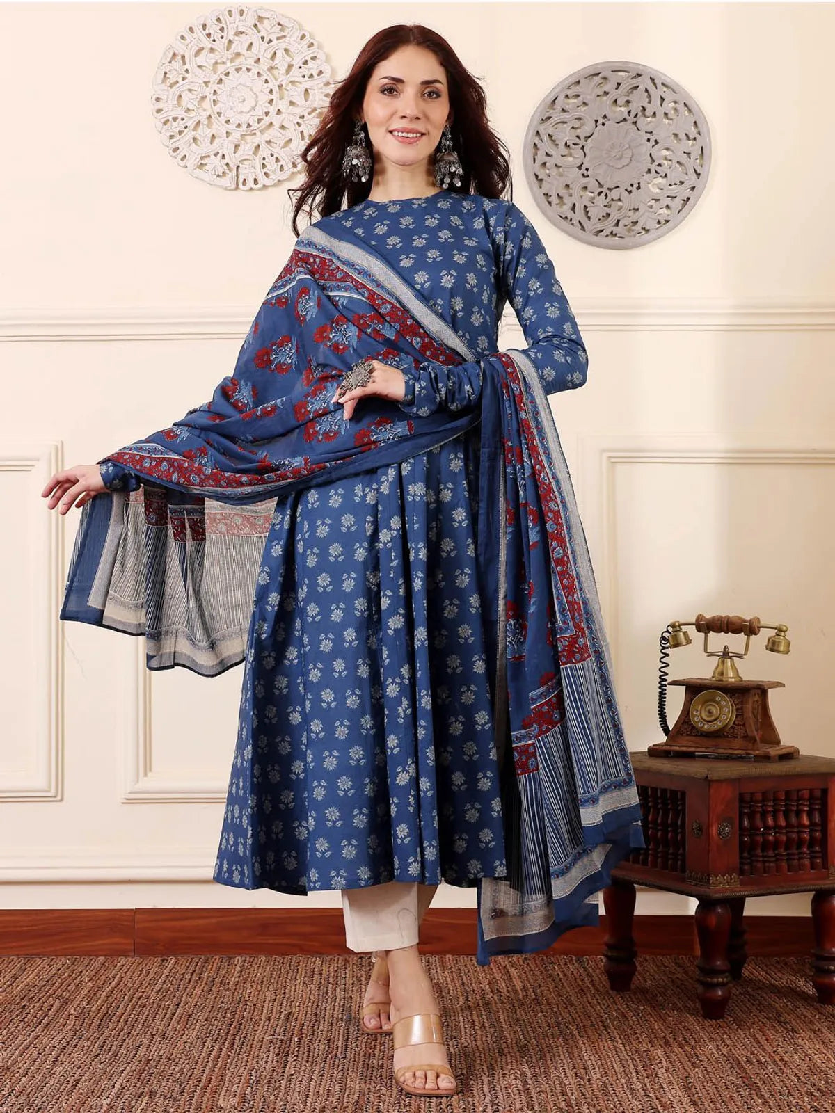 Elegant Morpich Rayon Printed Kurta Pant Dupatta Set for Women | Ethnic Blue Suit Set