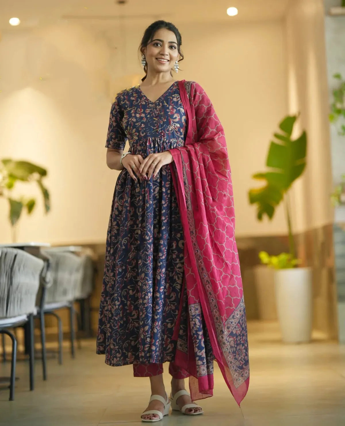 Women's Navy Blue Floral Printed Rayon Kurti Pant & Pink Dupatta Set | Elegant 3 Piece Ethnic Wear