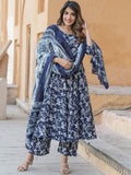 Women's Navy Blue Rayon Printed Kurta Pant & Dupatta Set | Floral Printed Ethnic Suit Set | Regular Fit | Casual, Office & Festive Wear