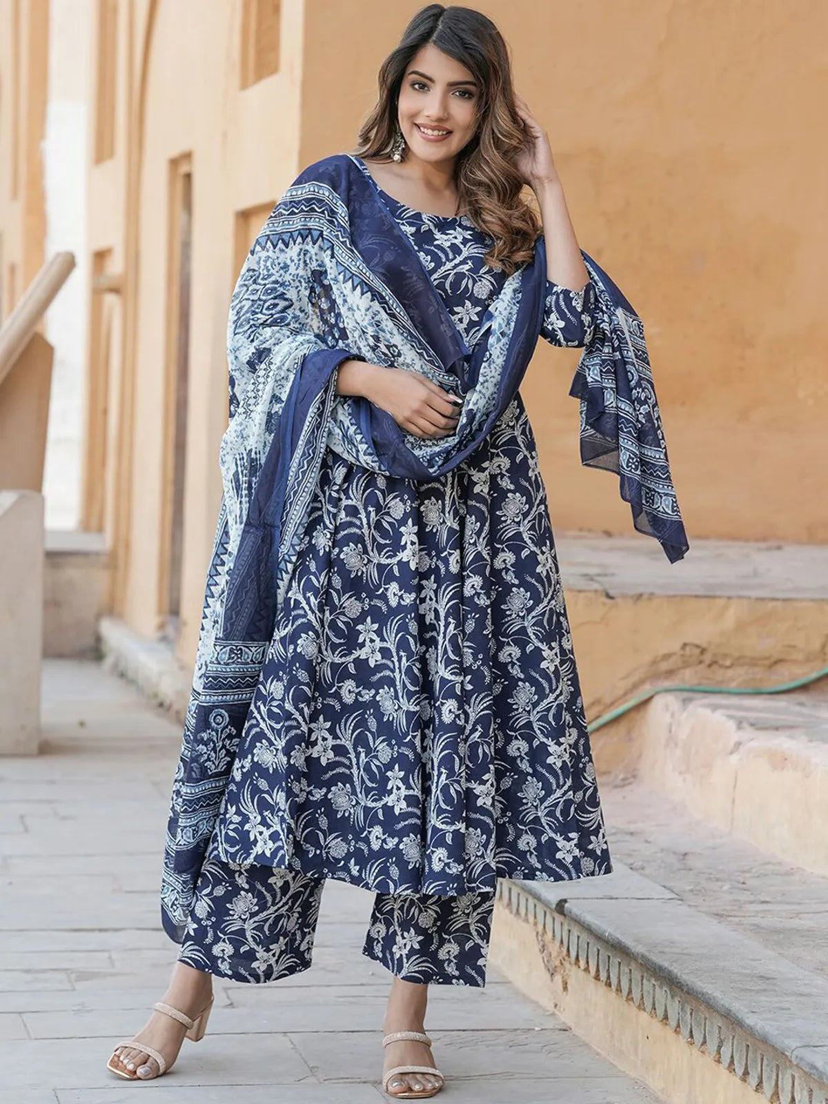 Women's Navy Blue Rayon Printed Kurta Pant & Dupatta Set | Floral Printed Ethnic Suit Set | Regular Fit | Casual, Office & Festive Wear