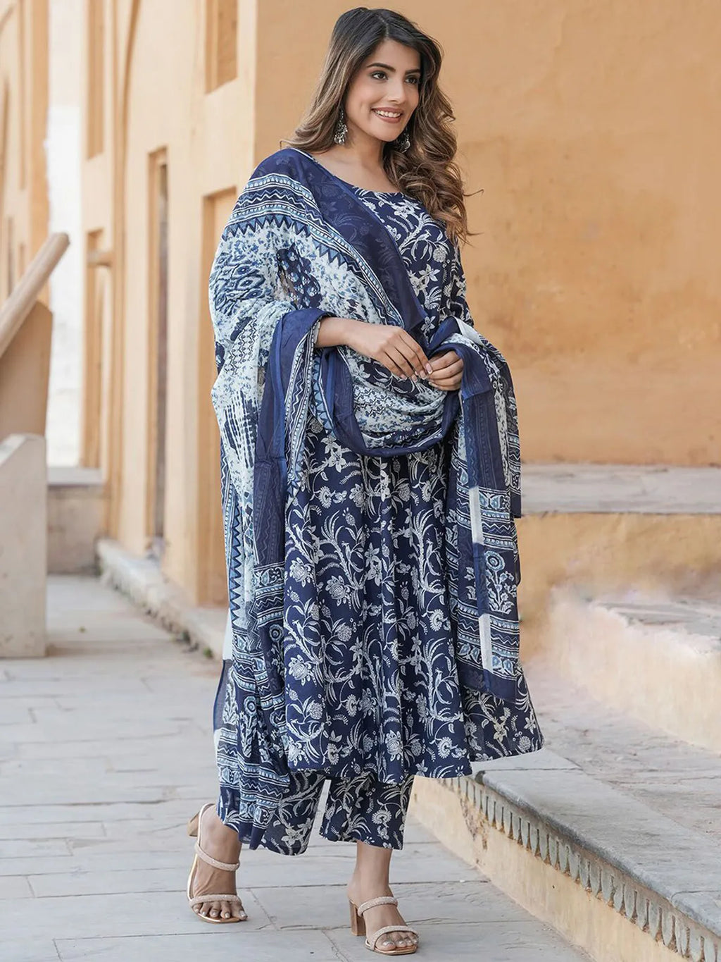 Women's Navy Blue Rayon Printed Kurta Pant & Dupatta Set | Floral Printed Ethnic Suit Set | Regular Fit | Casual, Office & Festive Wear