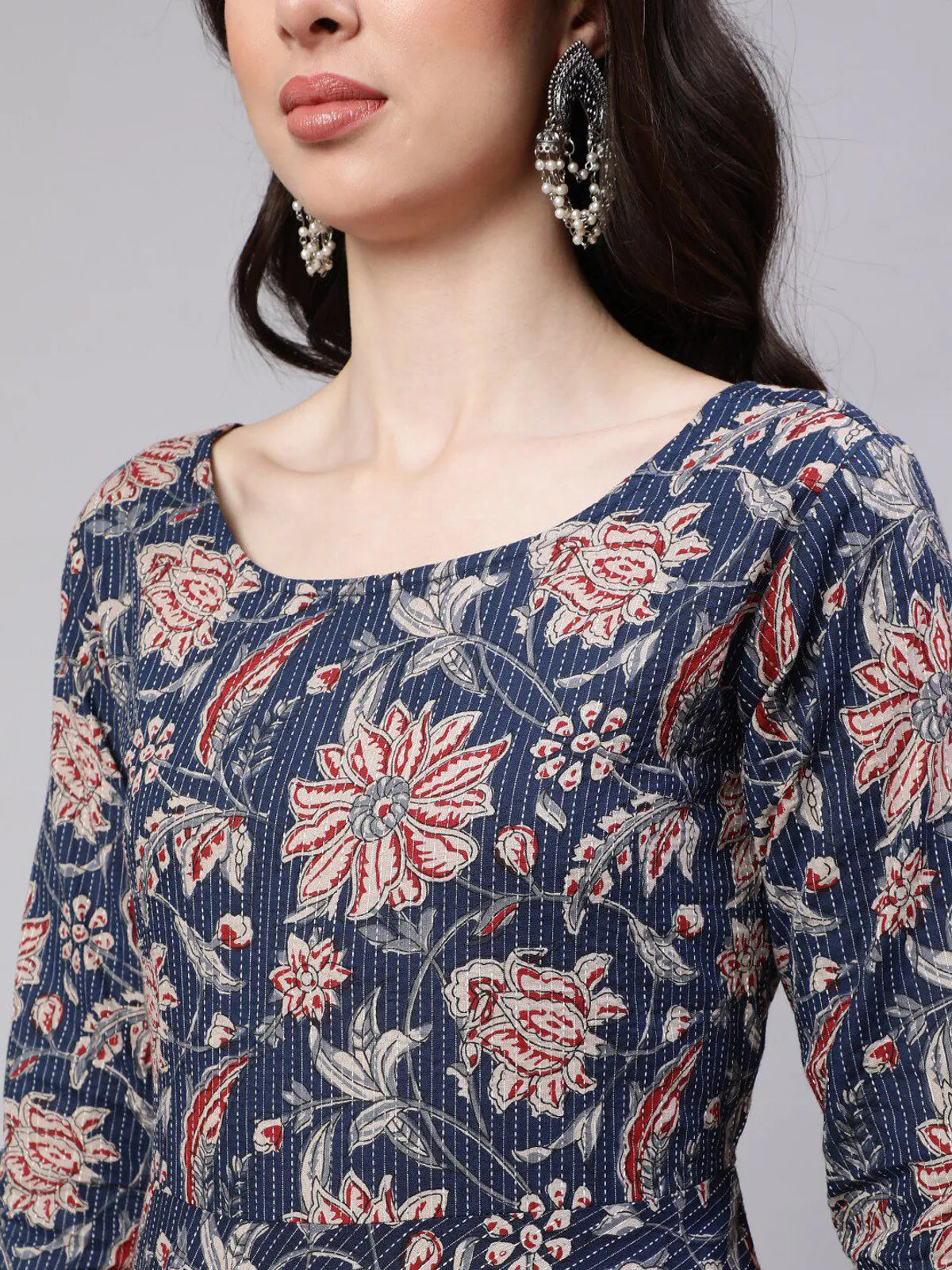 Women's Elegant Navy Blue Floral Printed Rayon Kurti Pant & Dupatta Set | 3 Piece Ethnic Suit