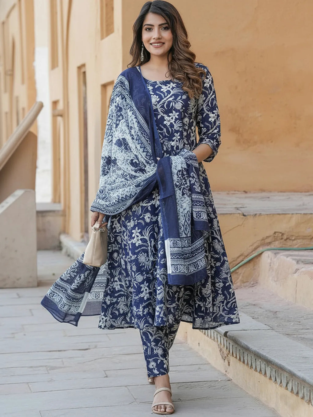 Women's Navy Blue Rayon Printed Kurta Pant & Dupatta Set | Floral Printed Ethnic Suit Set | Regular Fit | Casual, Office & Festive Wear
