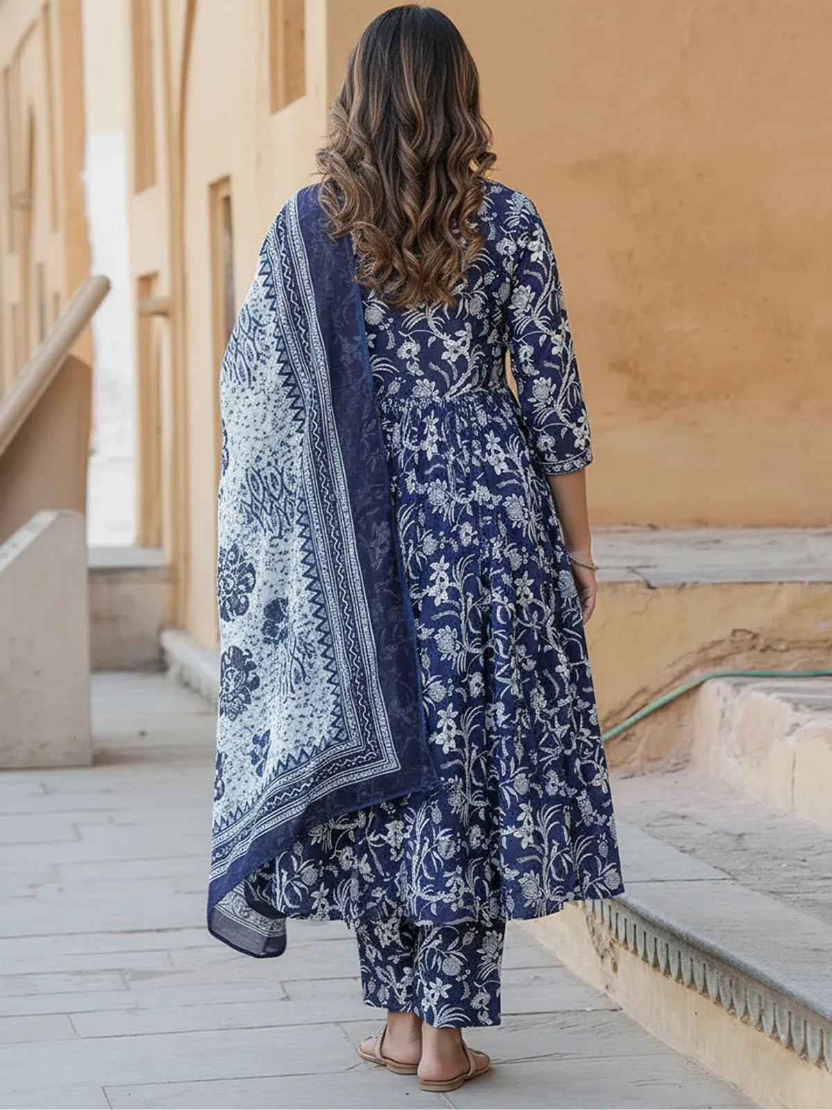 Women's Navy Blue Rayon Printed Kurta Pant & Dupatta Set | Floral Printed Ethnic Suit Set | Regular Fit | Casual, Office & Festive Wear