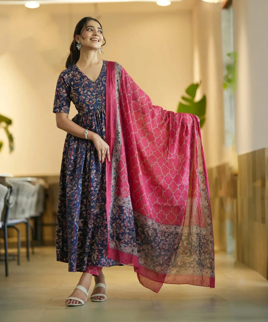 Women's Navy Blue Floral Printed Rayon Kurti Pant & Pink Dupatta Set | Elegant 3 Piece Ethnic Wear