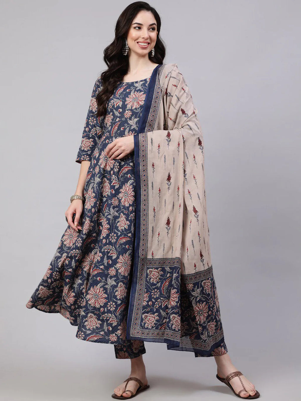 Women's Elegant Navy Blue Floral Printed Rayon Kurti Pant & Dupatta Set | 3 Piece Ethnic Suit