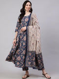 Women's Elegant Navy Blue Floral Printed Rayon Kurti Pant & Dupatta Set | 3 Piece Ethnic Suit