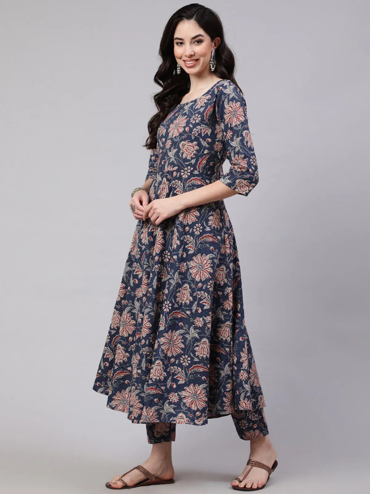 Women's Elegant Navy Blue Floral Printed Rayon Kurti Pant & Dupatta Set | 3 Piece Ethnic Suit
